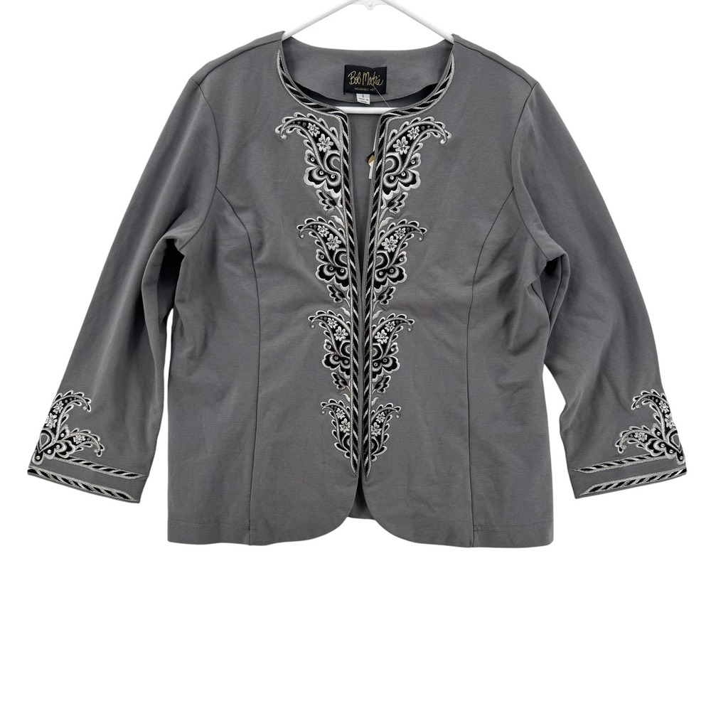 Bob Mackie Jacket Womens Small Gray Embroidered Rhinestone Wearable Art NWT